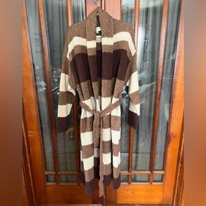 Oversized Cozy & Warm Skies Are Blue Brown and Cream Striped Long Cardigan Belt